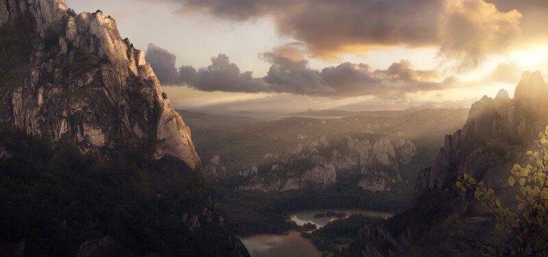Mountain Valley Landscape — Brown, Dramatic, Sunset, Digital Art, Mountains