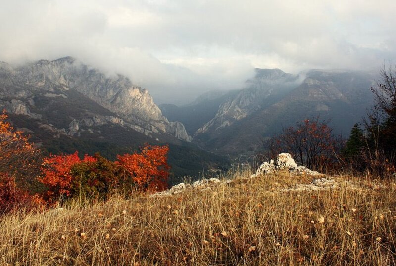 Mountain Valley Landscape — Brown, Serene, Autumn
