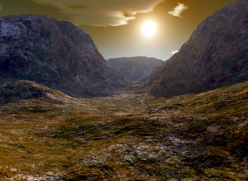 Mountain Valley Landscape — Brown, Serene, Sunset