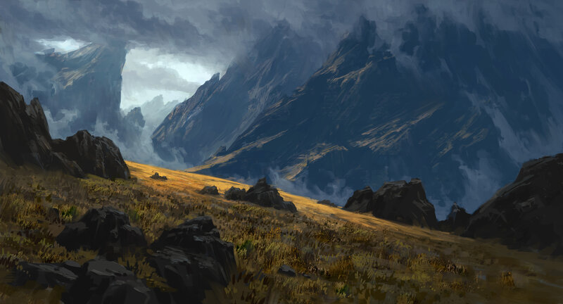 Mountain Valley Landscape — Gray, Dramatic, Digital Art