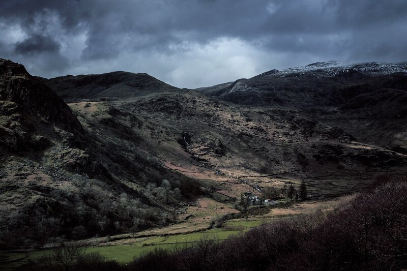 Mountain Valley Landscape — Gray, Dramatic, Winter, Photograph