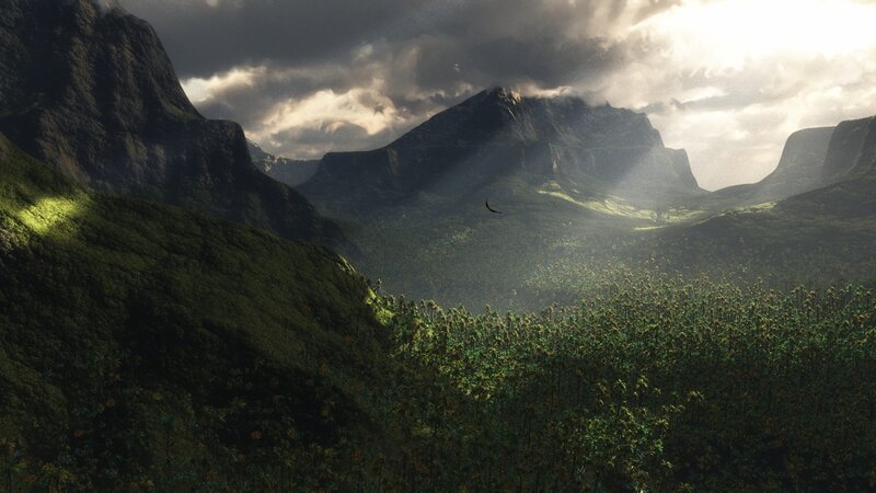 Mountain Valley Landscape — Green, Dramatic, Afternoon, Digital Art, Mountains