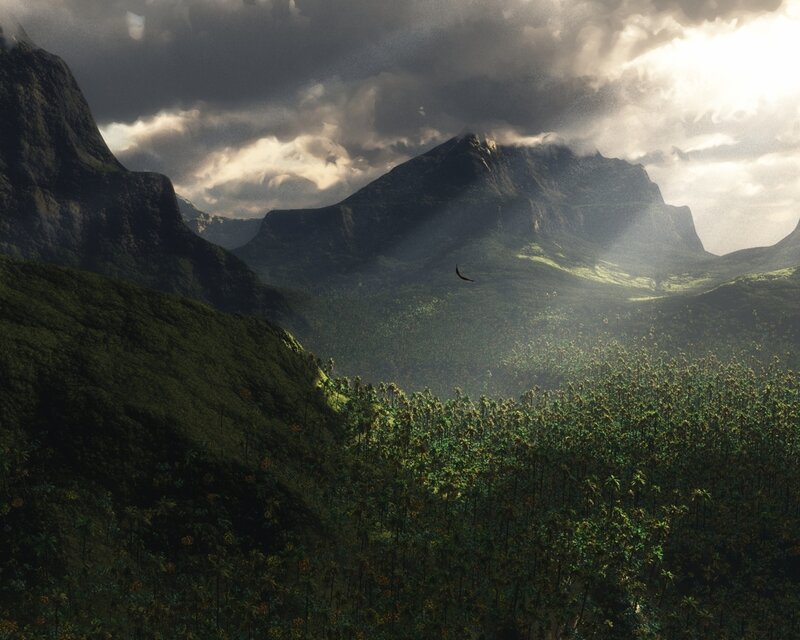 Mountain Valley Landscape — Green, Dramatic, Afternoon, Digital Art