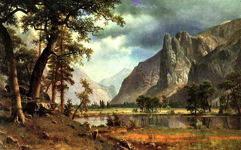 Mountain Valley Landscape — Green, Dramatic, Afternoon, Painting, Trees