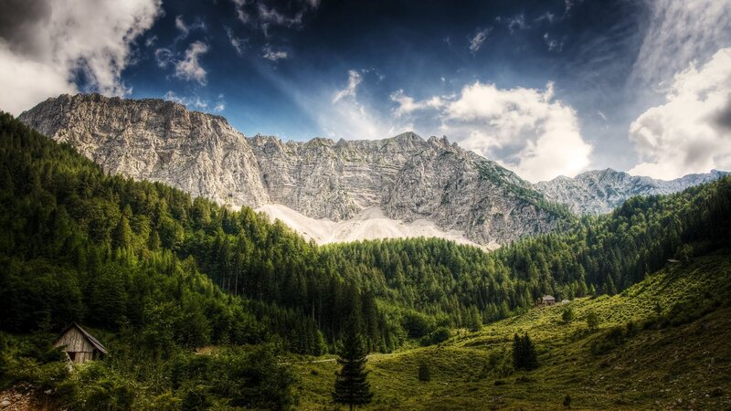 Mountain Valley Landscape — Green, Dramatic, Afternoon, Photograph, Forest, Hut