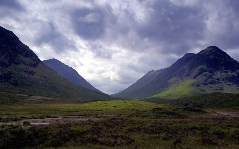 Mountain Valley Landscape — Green, Dramatic, Afternoon, Photograph, Mountains, Clouds, Gray, Purple