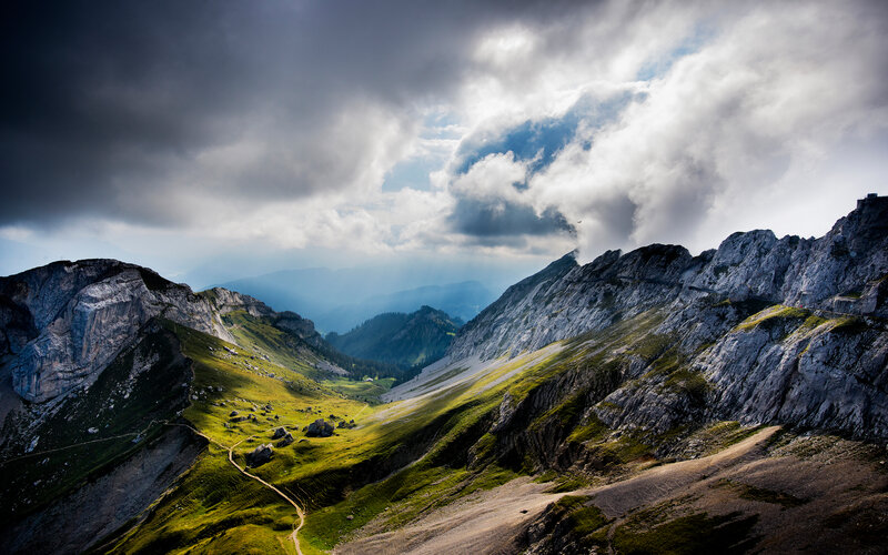 Mountain Valley Landscape — Green, Dramatic, Afternoon, Photograph, Mountains, Clouds, Path