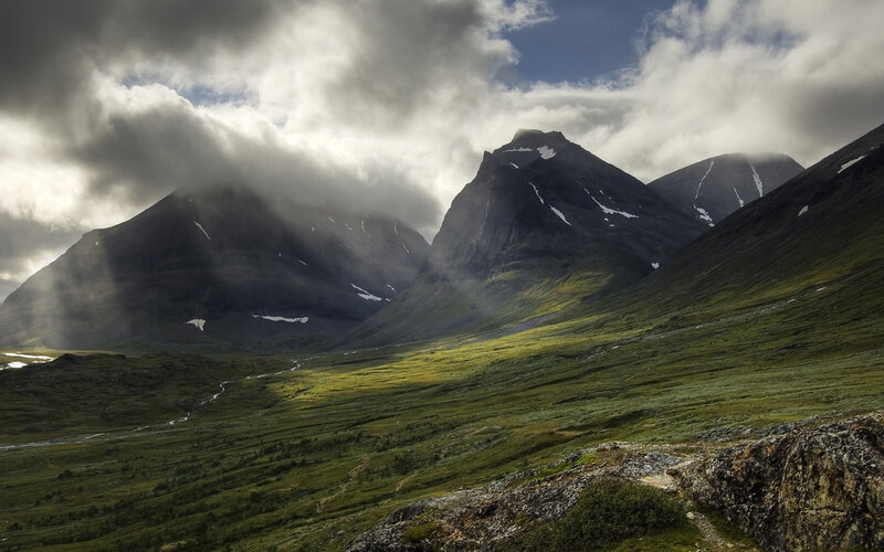 Mountain Valley Landscape — Green, Dramatic, Afternoon, Photograph, Mountains, Clouds, River