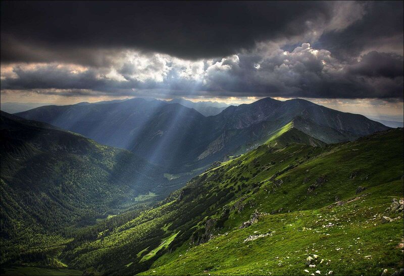 Mountain Valley Landscape — Green, Dramatic, Afternoon, Photograph, Mountains, Clouds, Sunbeams, Gray, White