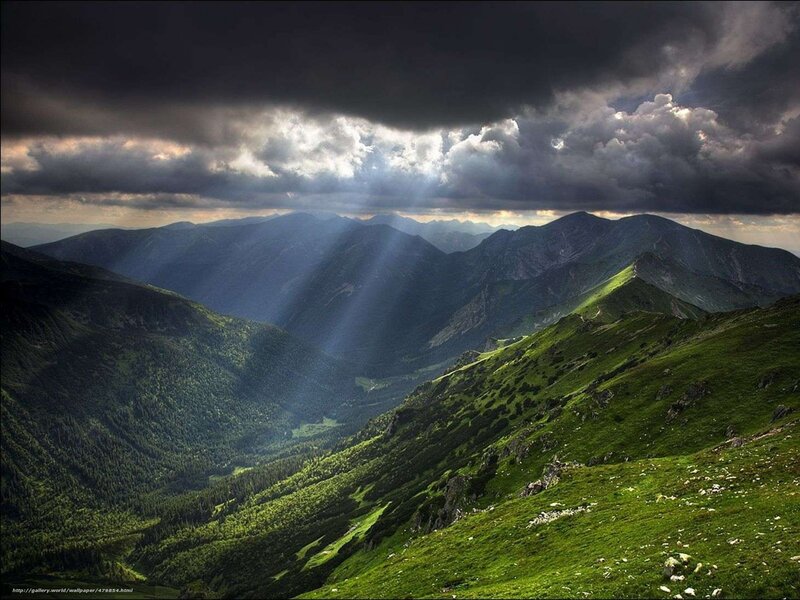 Mountain Valley Landscape — Green, Dramatic, Afternoon, Photograph, Mountains, Clouds, Sunbeams