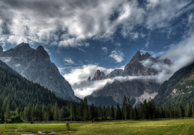 Mountain Valley Landscape — Green, Dramatic, Afternoon, Photograph, Mountains, Forest, Clouds, Field