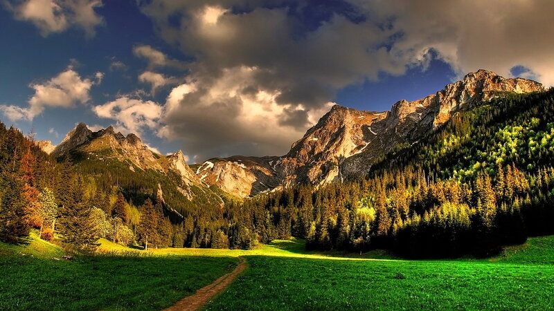 Mountain Valley Landscape — Green, Dramatic, Afternoon, Photograph, Mountains, Forest, Clouds, Path