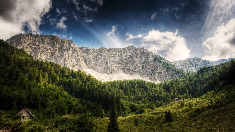 Mountain Valley Landscape — Green, Dramatic, Afternoon, Photograph, Mountains, Forest, Huts