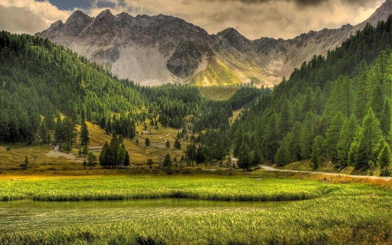 Mountain Valley Landscape — Green, Dramatic, Afternoon, Photograph, Mountains, Forest, River