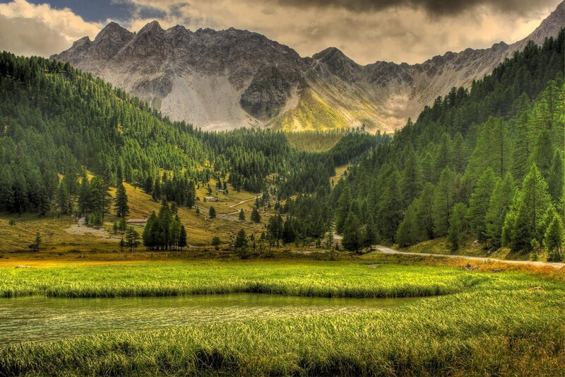 Mountain Valley Landscape — Green, Dramatic, Afternoon, Photograph, Mountains, Forest