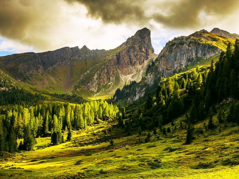Mountain Valley Landscape — Green, Dramatic, Afternoon, Photograph, Mountains, Forests, Clouds