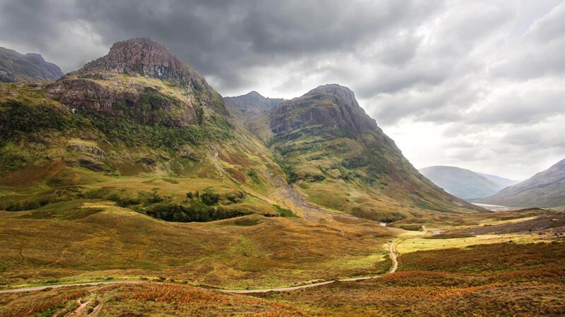 Mountain Valley Landscape — Green, Dramatic, Afternoon, Photograph, Mountains, Path, Clouds