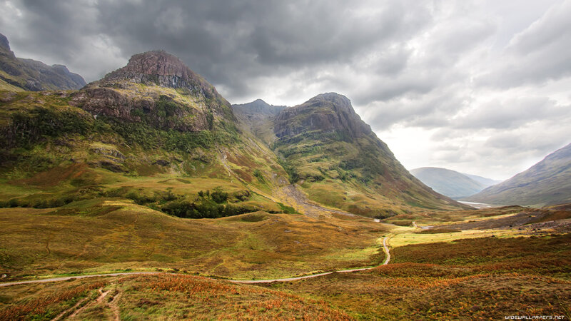 Mountain Valley Landscape — Green, Dramatic, Afternoon, Photograph, Mountains, Path