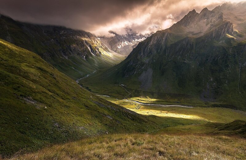 Mountain Valley Landscape — Green, Dramatic, Afternoon, Photograph, Mountains, River, Clouds