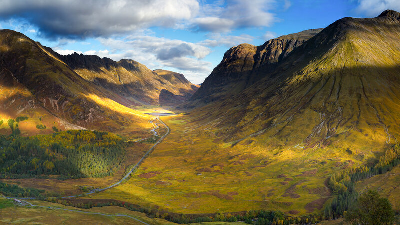 Mountain Valley Landscape — Green, Dramatic, Afternoon, Photograph, Mountains, River