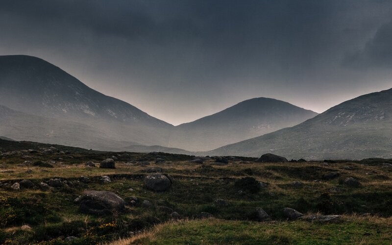 Mountain Valley Landscape — Green, Dramatic, Afternoon, Photograph, Mountains, Rocks