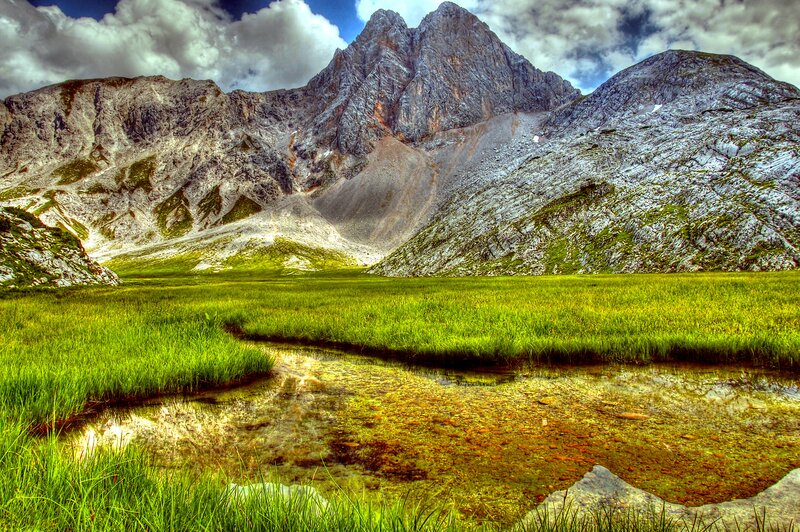 Mountain Valley Landscape — Green, Dramatic, Afternoon, Photograph, Mountains, Stream