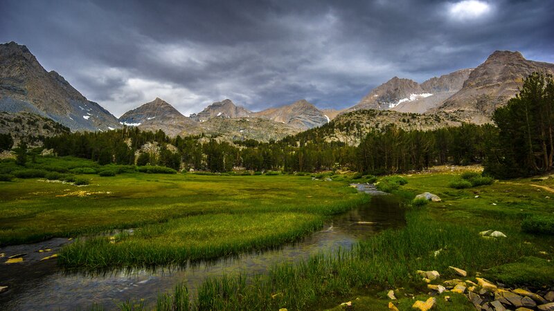Mountain Valley Landscape — Green, Dramatic, Afternoon, Photograph, Mountains, Stream, Trees, Sky