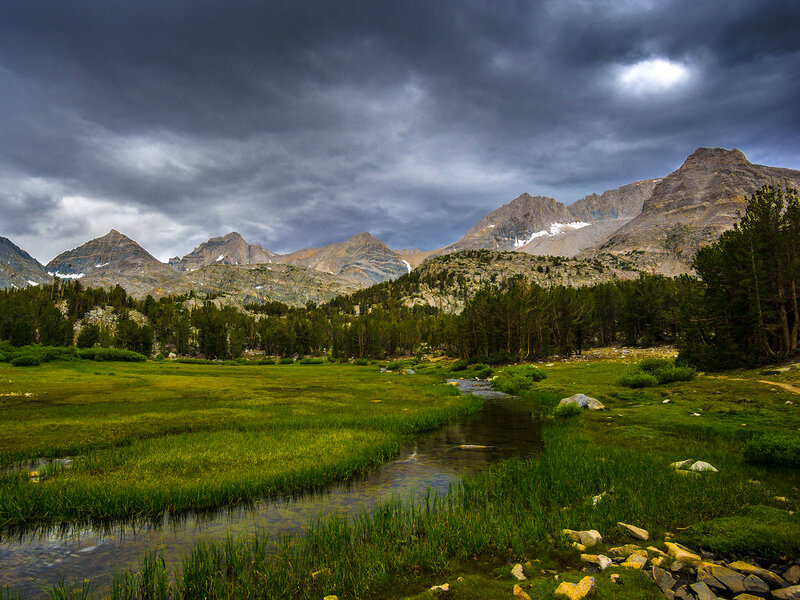 Mountain Valley Landscape — Green, Dramatic, Afternoon, Photograph, Mountains, Stream, Trees