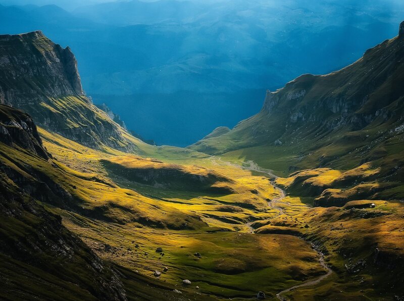 Mountain Valley Landscape — Green, Dramatic, Afternoon, Photograph, Mountains, Sunlight