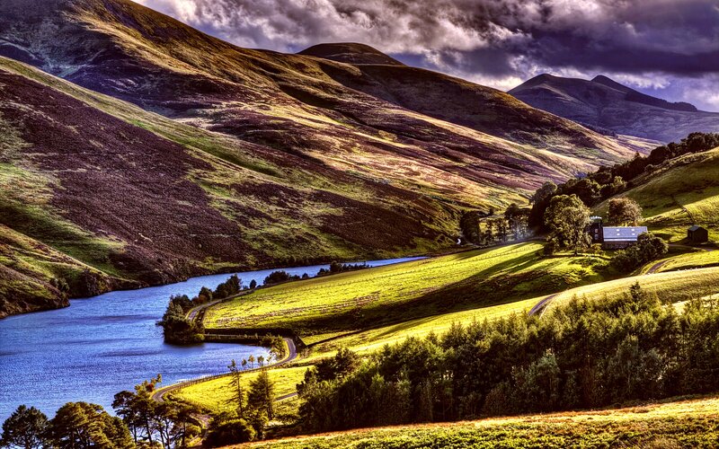 Mountain Valley Landscape — Green, Dramatic, Afternoon, Photograph, River, Hills