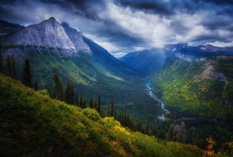 Mountain Valley Landscape — Green, Dramatic, Afternoon, Photograph, River, Trees