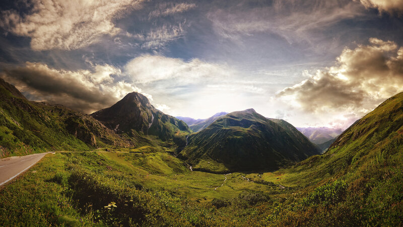 Mountain Valley Landscape — Green, Dramatic, Afternoon, Photograph, Road, Clouds, Mountains