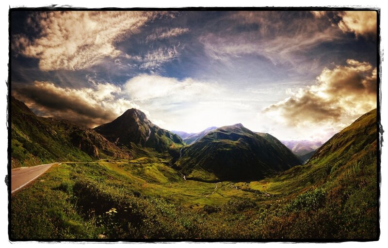 Mountain Valley Landscape — Green, Dramatic, Afternoon, Photograph, Road, Clouds