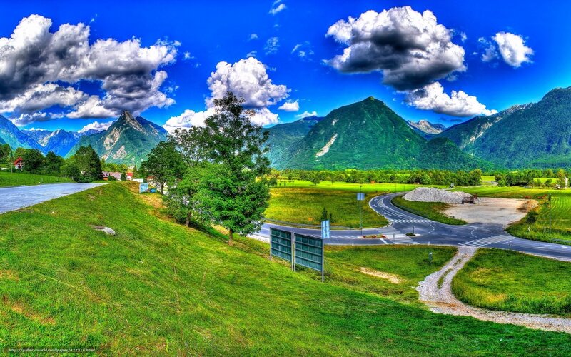 Mountain Valley Landscape — Green, Dramatic, Afternoon, Photograph, Road, Clouds, Trees