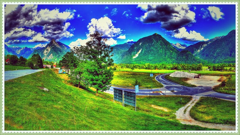 Mountain Valley Landscape — Green, Dramatic, Afternoon, Photograph, Road, Trees, Clouds