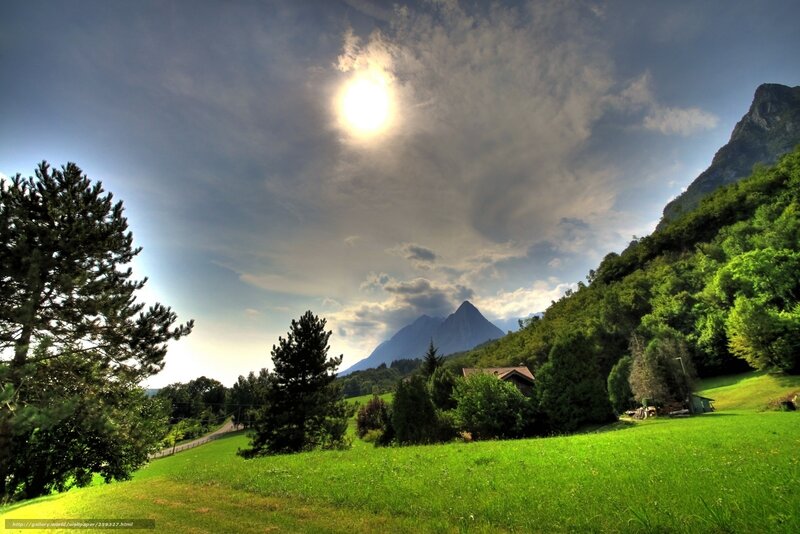 Mountain Valley Landscape — Green, Dramatic, Afternoon, Photograph, Sun