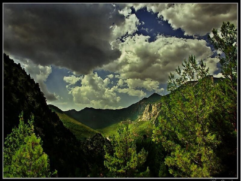 Mountain Valley Landscape — Green, Dramatic, Afternoon, Photograph, Trees, Clouds, Mountains, Blue, Gray