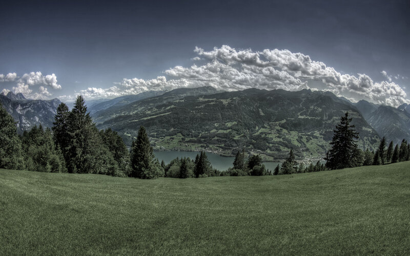 Mountain Valley Landscape — Green, Dramatic, Afternoon, Photograph, Trees, Lake