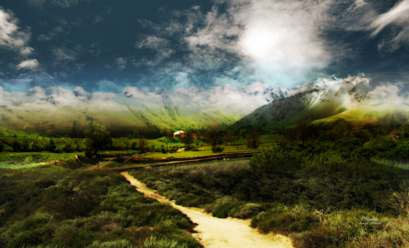 Mountain Valley Landscape — Green, Dramatic, Digital Art