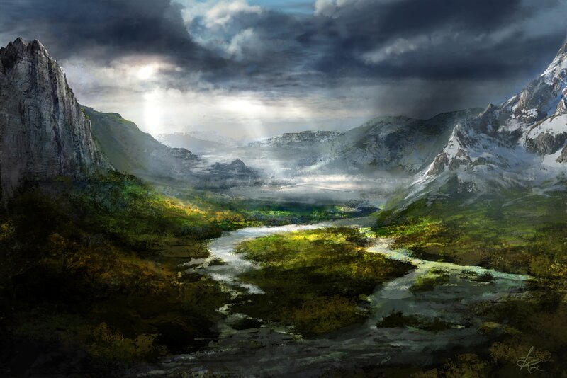 Mountain Valley Landscape — Green, Dramatic, Morning, Digital Art