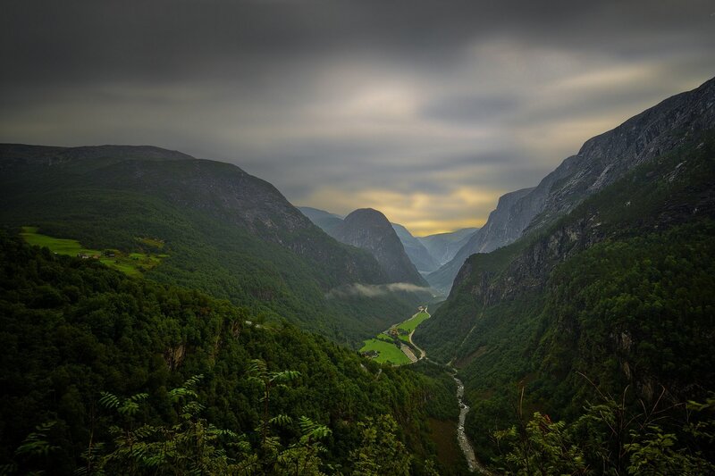 Mountain Valley Landscape — Green, Dramatic, Morning, Photograph, River