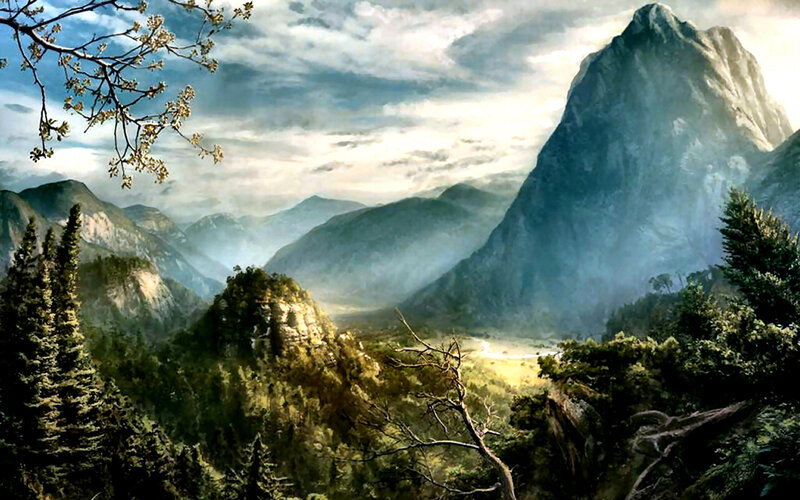 Mountain Valley Landscape — Green, Dramatic, Morning