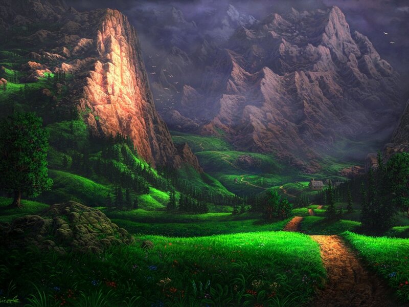 Mountain Valley Landscape — Green, Dramatic, Night, Digital Art