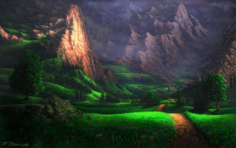Mountain Valley Landscape — Green, Dramatic, Night, Digital Art, Trees