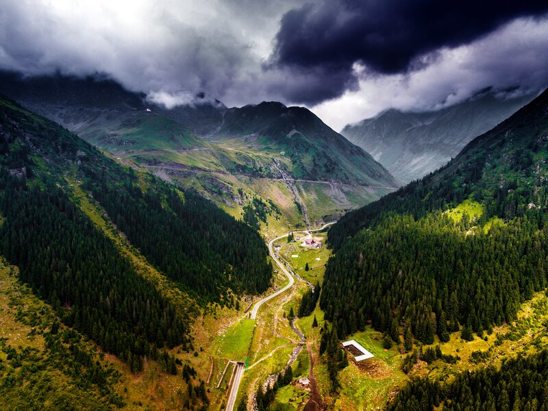 Mountain Valley Landscape — Green, Dramatic, Photograph, Road, Forest