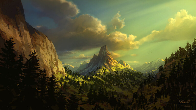Mountain Valley Landscape — Green, Dramatic, Sunrise, Digital Art