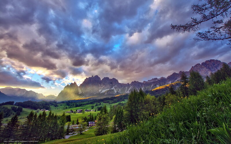 Mountain Valley Landscape — Green, Dramatic, Sunset, Photograph, Clouds, Trees, Village