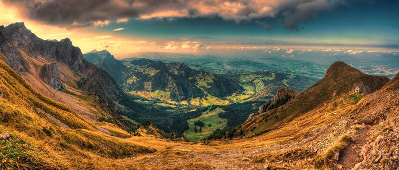 Mountain Valley Landscape — Green, Dramatic, Sunset, Photograph, Mountains, Clouds, Hut