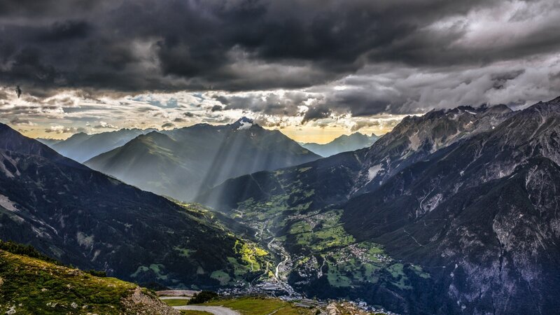 Mountain Valley Landscape — Green, Dramatic, Sunset, Photograph, Mountains, Clouds, Sunlight