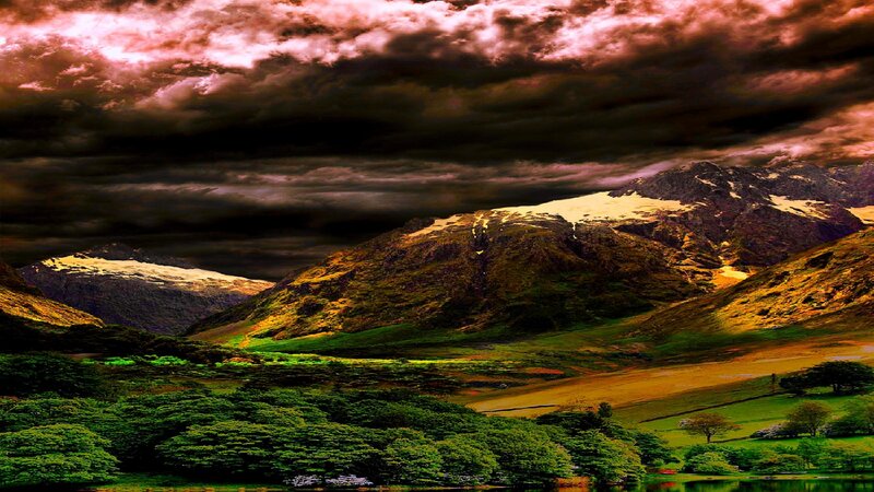 Mountain Valley Landscape — Green, Dramatic, Sunset, Photograph, Mountains, Clouds